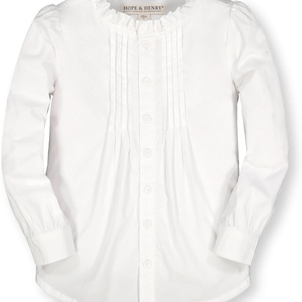 Hope & Henry White Long Sleeve Ruffle neck Button down